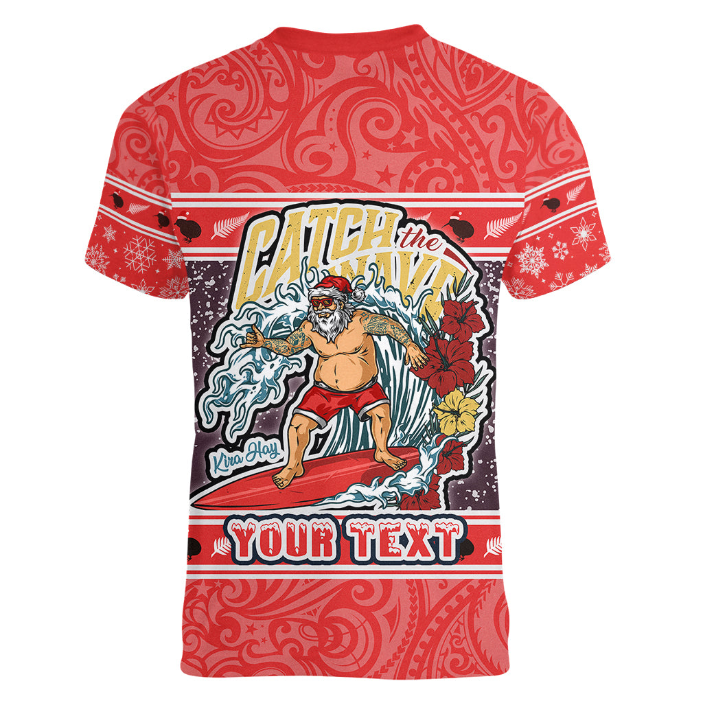Custom New Zealand Christmas Women V Neck T Shirt Santa Catch The Wave Maori Pattern Retro Style LT03 - Polynesian Pride