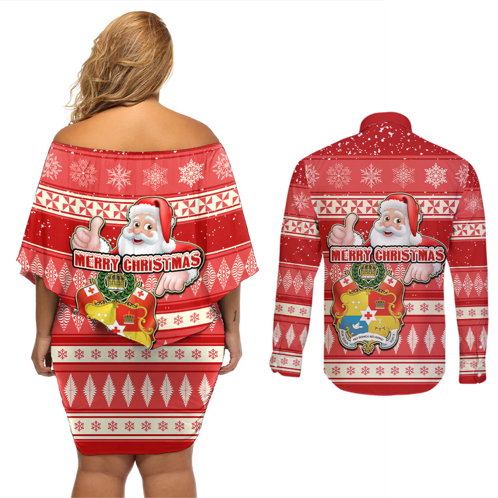 tonga-christmas-couples-matching-off-shoulder-short-dress-and-long-sleeve-button-shirts-the-santa-coat-of-arms-with-ngatu-and-snow-pattern