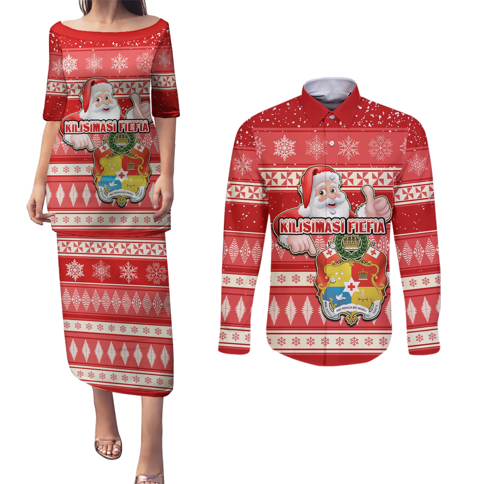 tonga-christmas-couples-matching-puletasi-dress-and-long-sleeve-button-shirts-the-santa-coat-of-arms-with-ngatu-and-snow-pattern