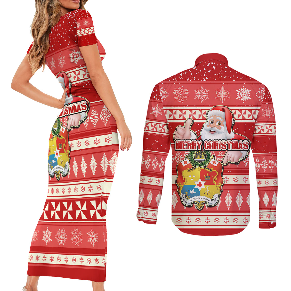 tonga-christmas-couples-matching-short-sleeve-bodycon-dress-and-long-sleeve-button-shirts-the-santa-coat-of-arms-with-ngatu-and-snow-pattern