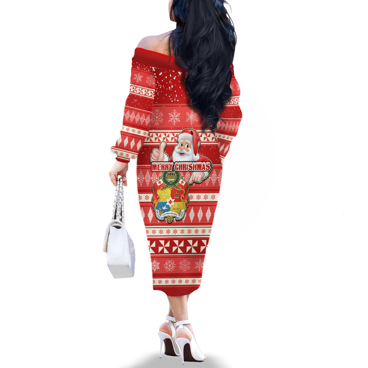 Tonga Christmas Family Matching Off Shoulder Long Sleeve Dress and Hawaiian Shirt The Santa Coat of Arms with Ngatu and Snow Pattern LT03 - Polynesian Pride
