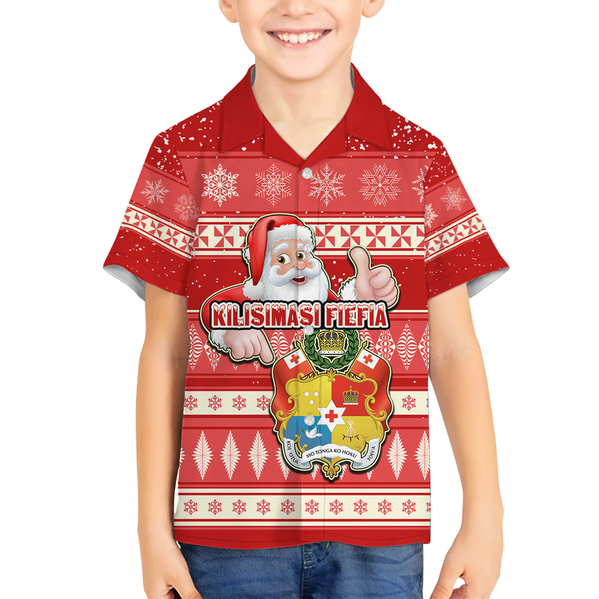 Tonga Christmas Family Matching Off Shoulder Maxi Dress and Hawaiian Shirt The Santa Coat of Arms with Ngatu and Snow Pattern LT03 Son's Shirt Red - Polynesian Pride