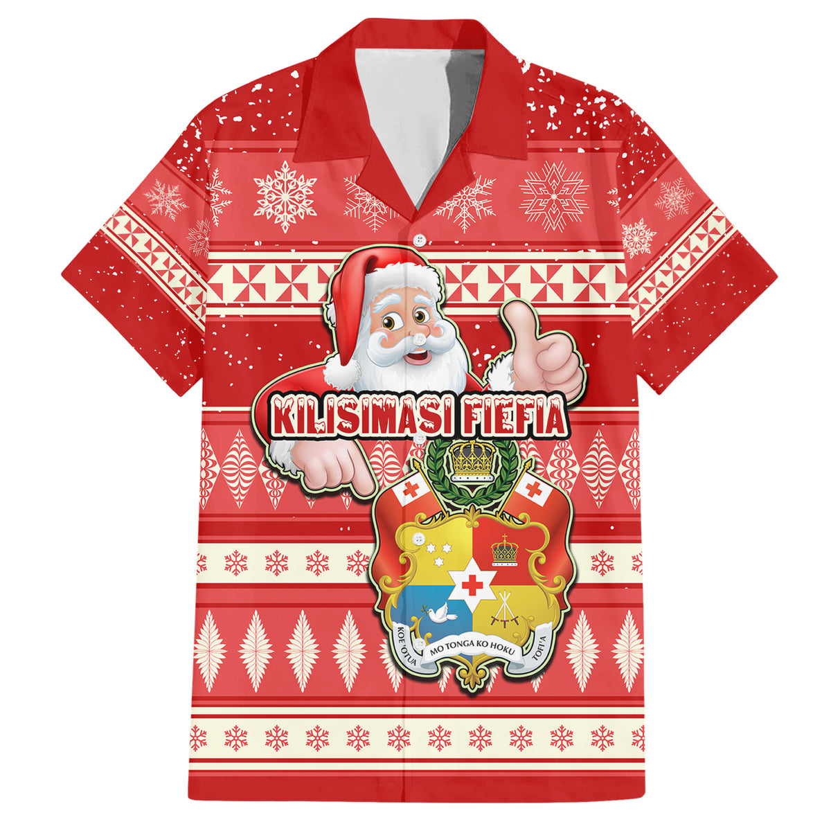 Tonga Christmas Family Matching Short Sleeve Bodycon Dress and Hawaiian Shirt The Santa Coat of Arms with Ngatu and Snow Pattern LT03 Dad's Shirt - Short Sleeve Red - Polynesian Pride