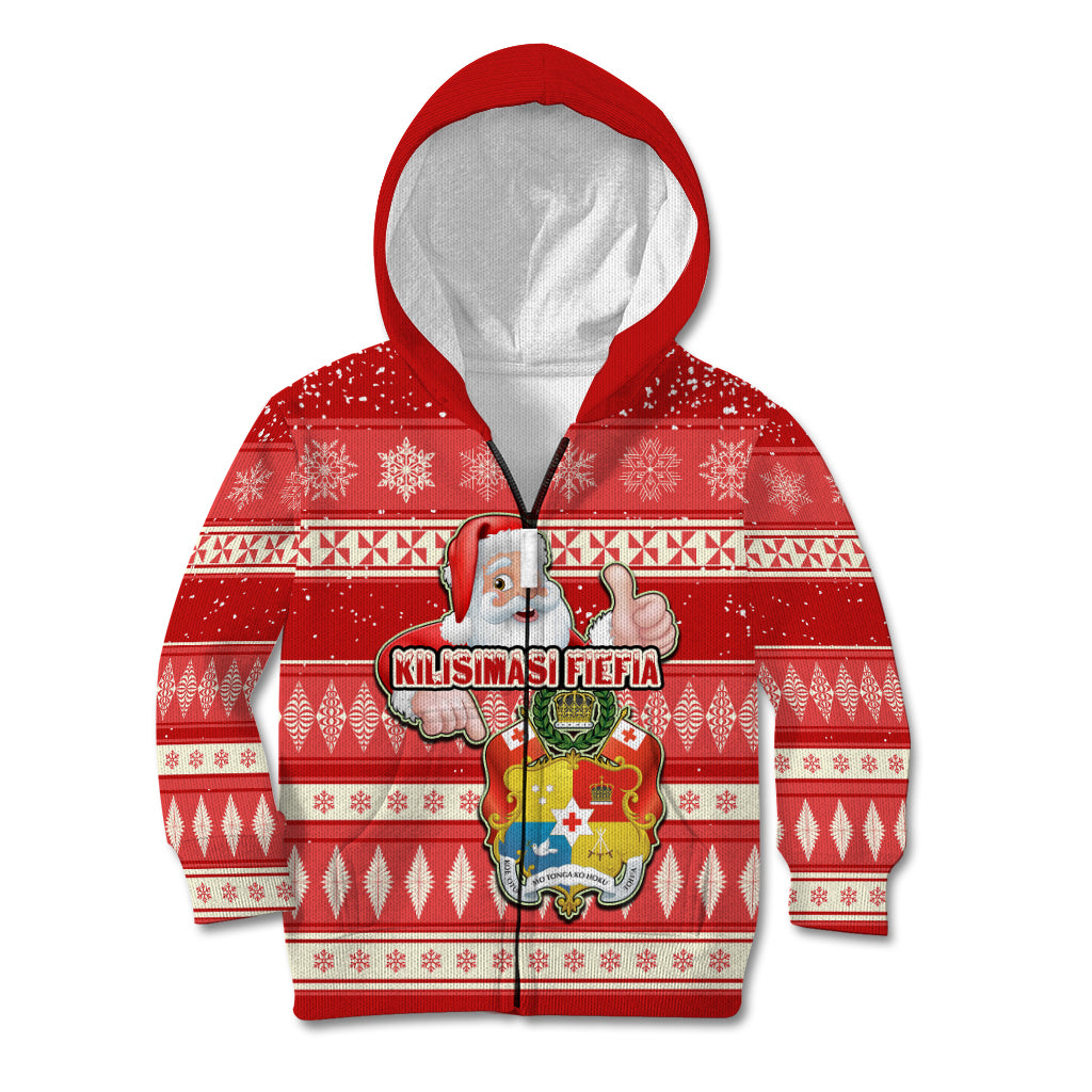 Tonga Christmas Kid Hoodie The Santa Coat of Arms with Ngatu and Snow Pattern LT03 Zip Hoodie Red - Polynesian Pride