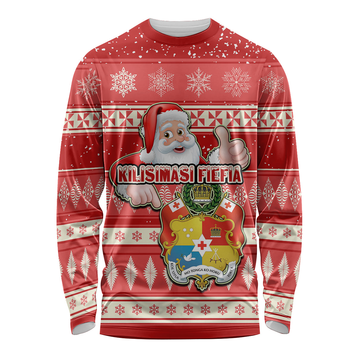 Tonga Christmas Long Sleeve Shirt The Santa Coat of Arms with Ngatu and Snow Pattern LT03 Unisex Red - Polynesian Pride