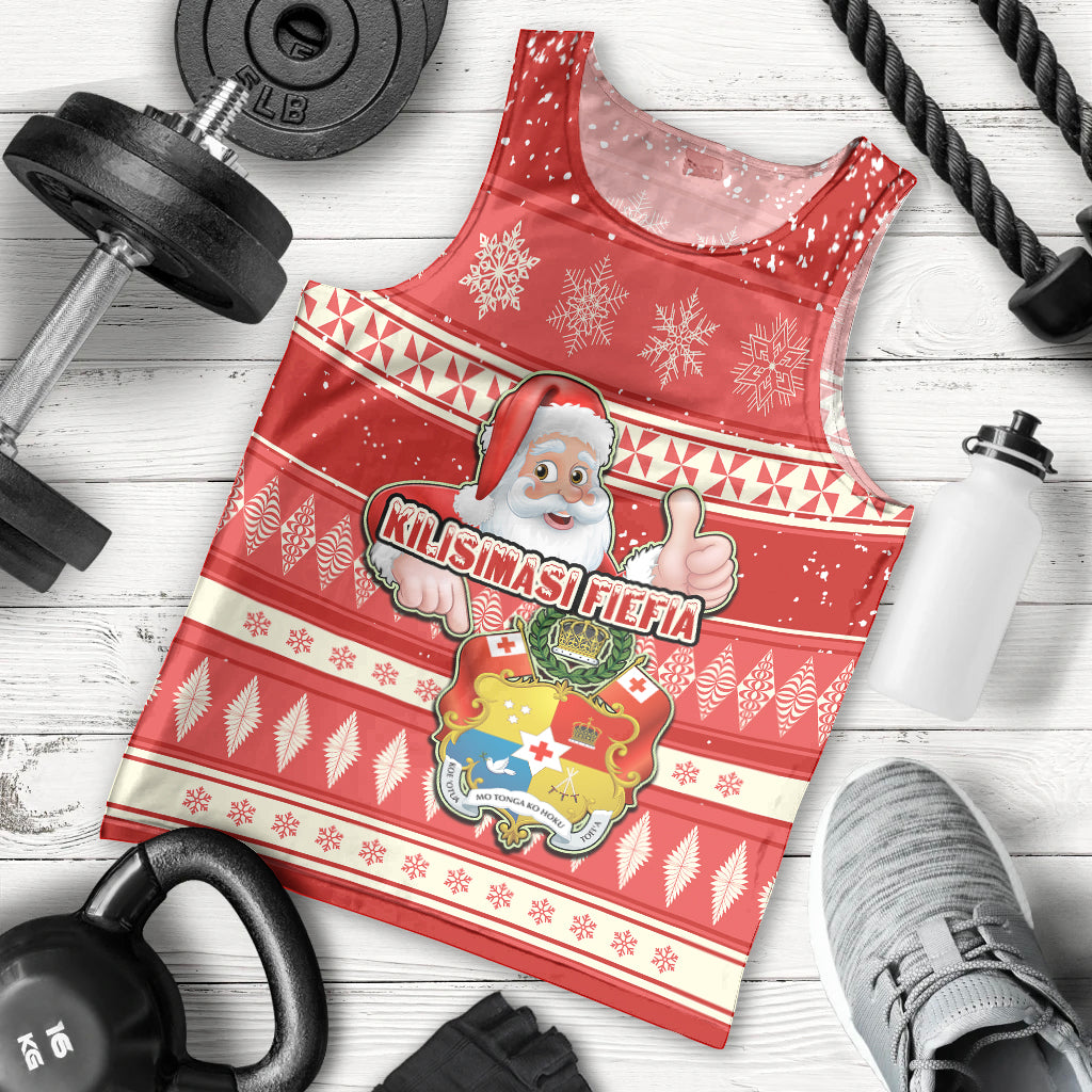 Tonga Christmas Men Tank Top The Santa Coat of Arms with Ngatu and Snow Pattern LT03 Red - Polynesian Pride