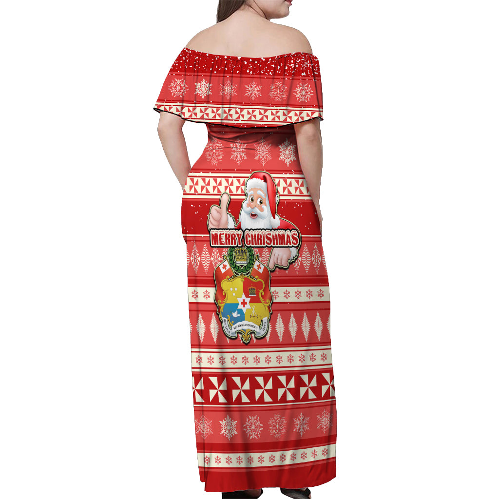 Tonga Christmas Off Shoulder Maxi Dress The Santa Coat of Arms with Ngatu and Snow Pattern LT03 - Polynesian Pride