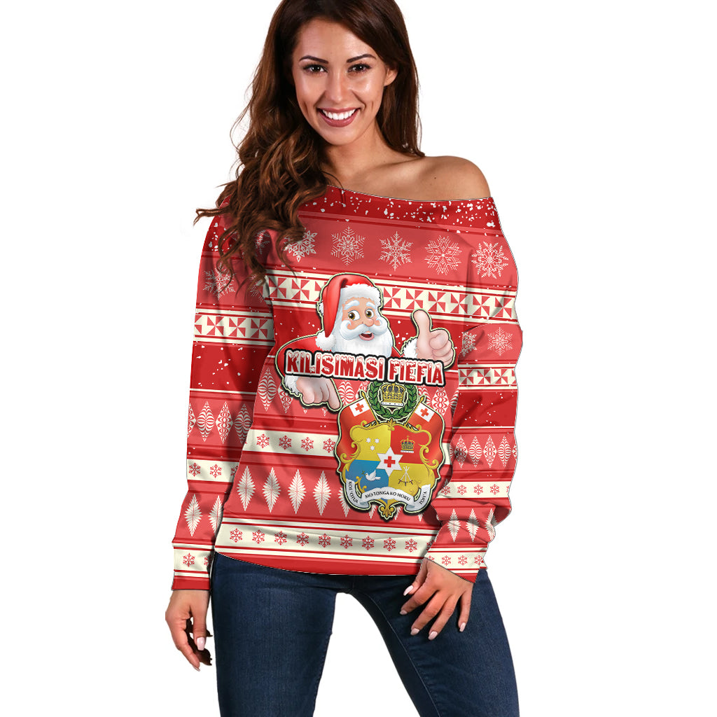 Tonga Christmas Off Shoulder Sweater The Santa Coat of Arms with Ngatu and Snow Pattern LT03 Women Red - Polynesian Pride