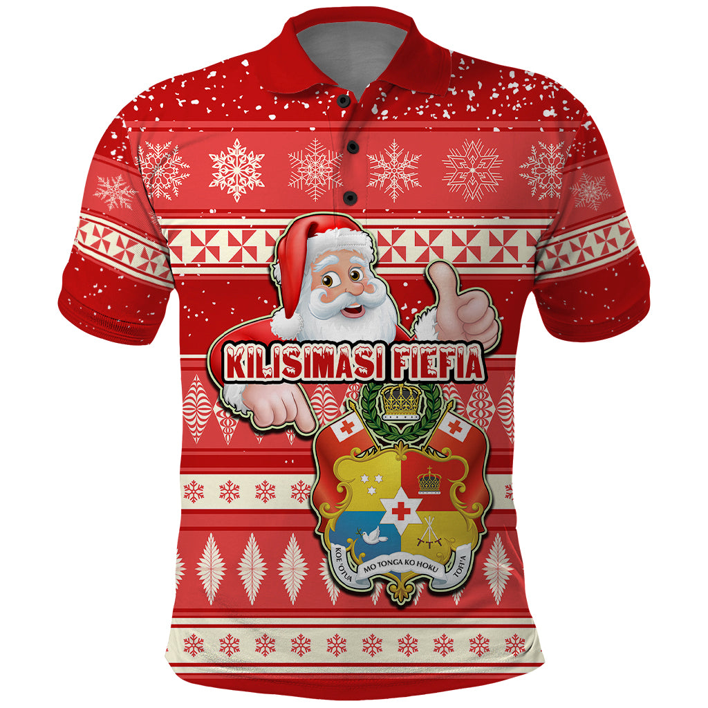 Tonga Christmas Polo Shirt The Santa Coat of Arms with Ngatu and Snow Pattern LT03 Red - Polynesian Pride