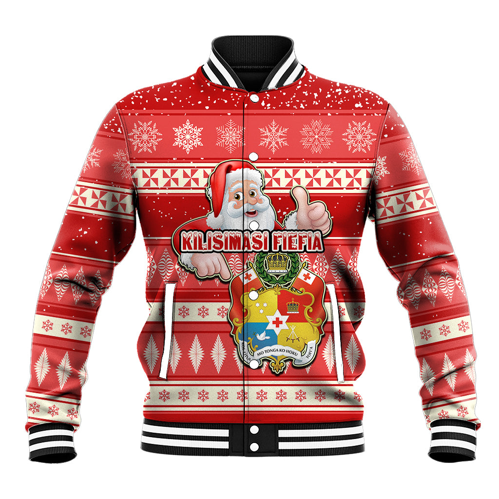 Custom Tonga Christmas Baseball Jacket The Santa Coat of Arms with Ngatu and Snow Pattern LT03 Unisex Red - Polynesian Pride