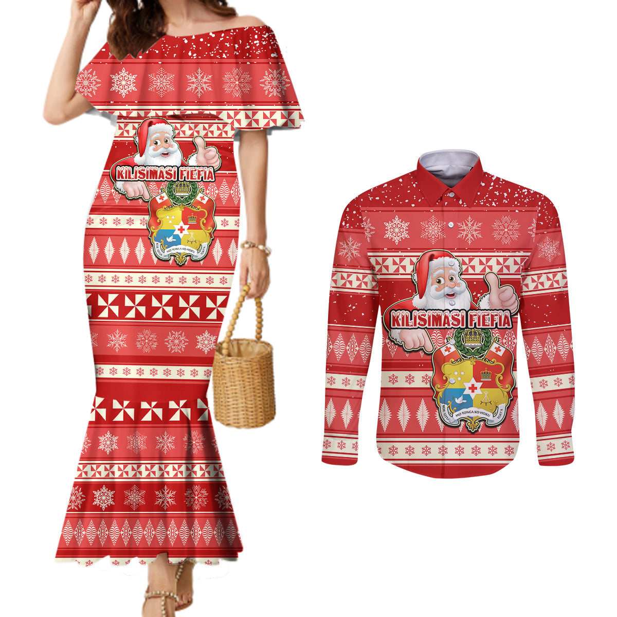custom-tonga-christmas-couples-matching-mermaid-dress-and-long-sleeve-button-shirts-the-santa-coat-of-arms-with-ngatu-and-snow-pattern
