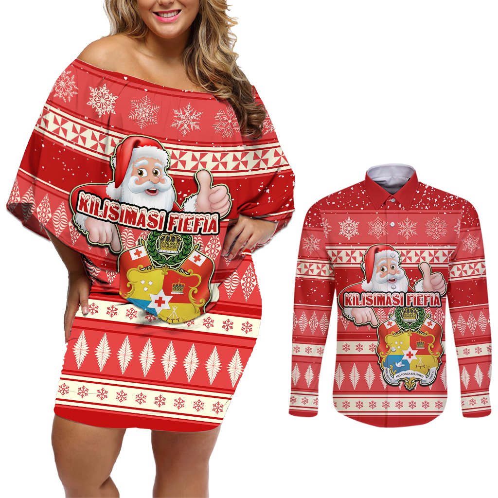 Custom Tonga Christmas Couples Matching Off Shoulder Short Dress and Long Sleeve Button Shirts The Santa Coat of Arms with Ngatu and Snow Pattern LT03 Red - Polynesian Pride