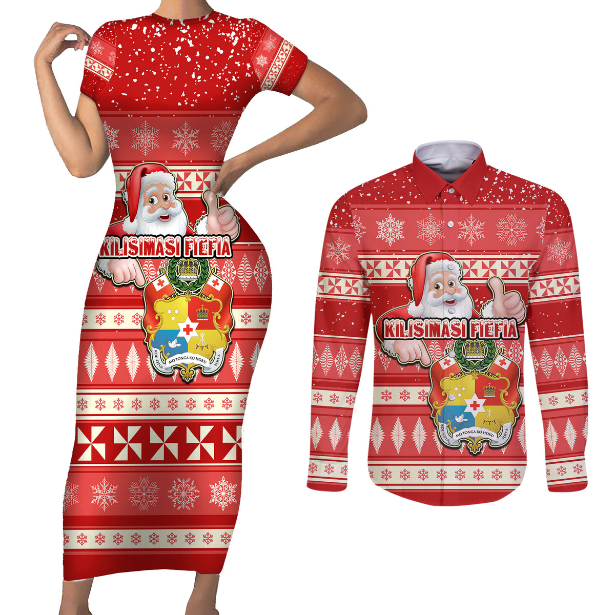 custom-tonga-christmas-couples-matching-short-sleeve-bodycon-dress-and-long-sleeve-button-shirts-the-santa-coat-of-arms-with-ngatu-and-snow-pattern