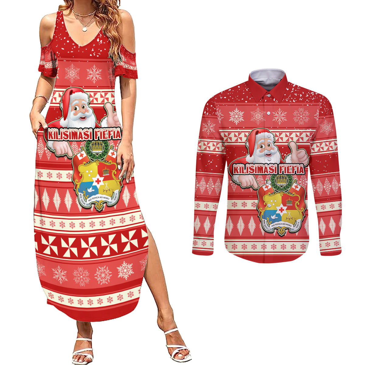 custom-tonga-christmas-couples-matching-summer-maxi-dress-and-long-sleeve-button-shirts-the-santa-coat-of-arms-with-ngatu-and-snow-pattern