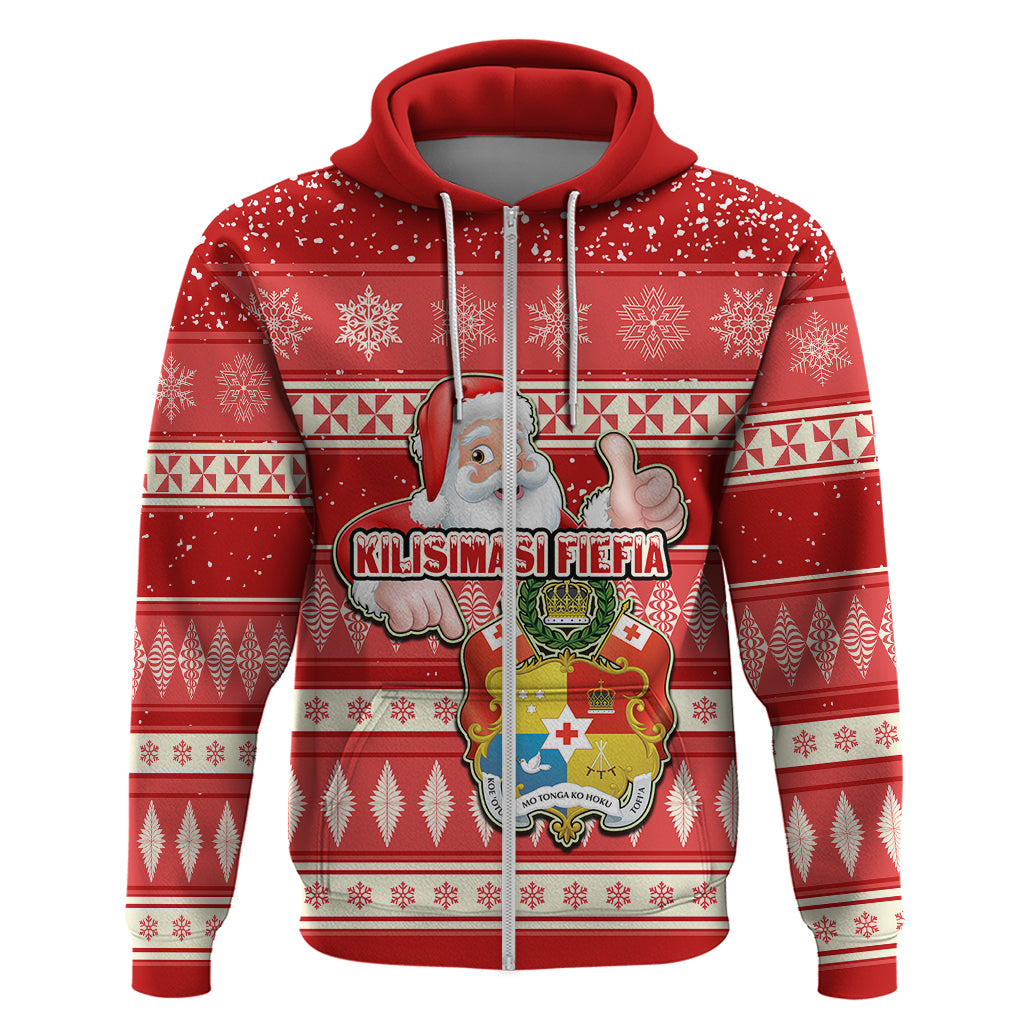 Custom Tonga Christmas Hoodie The Santa Coat of Arms with Ngatu and Snow Pattern LT03 Zip Hoodie Red - Polynesian Pride