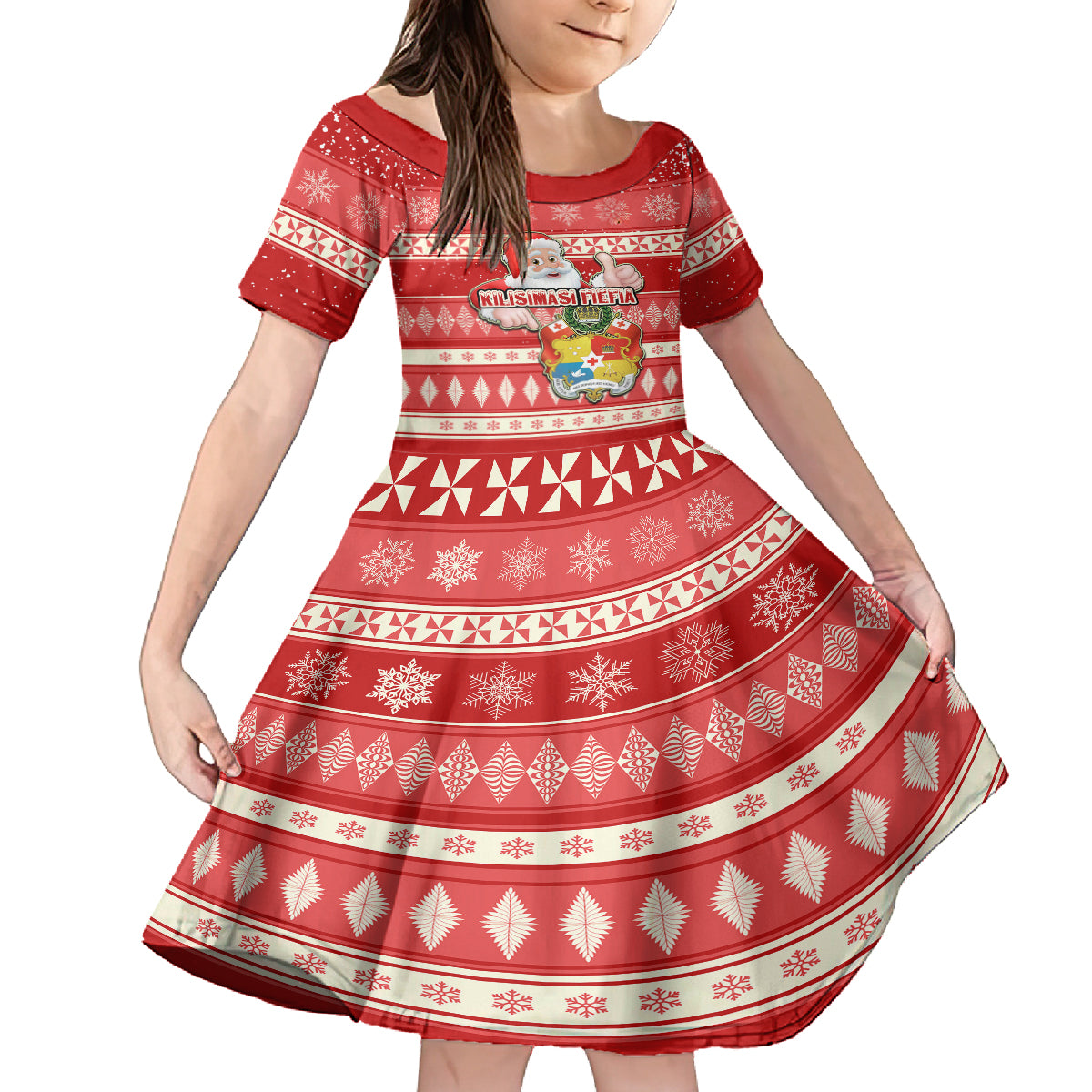 custom-tonga-christmas-kid-short-sleeve-dress-the-santa-coat-of-arms-with-ngatu-and-snow-pattern