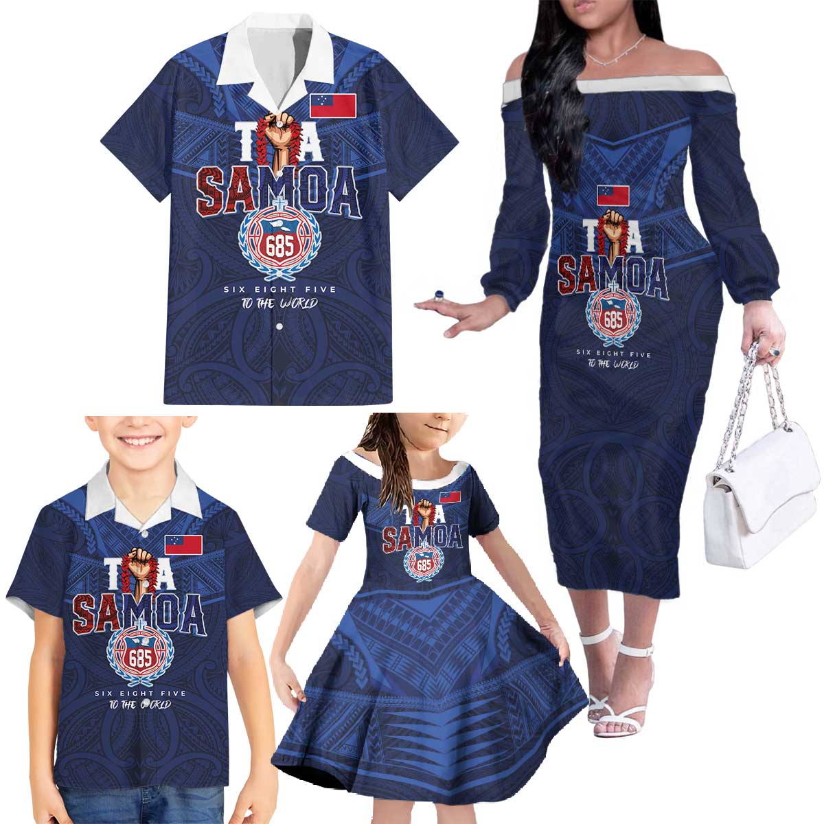 Custom Rugby Toa Samoa Family Matching Off The Shoulder Long Sleeve Dress and Hawaiian Shirt Champions Six Eight Five - Polynesian Pride