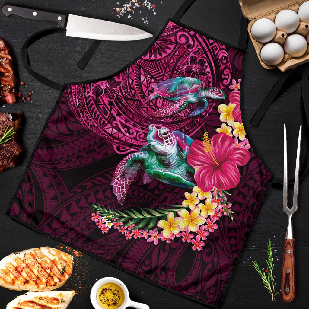 Hawaiian Plumeria and Hibiscus with Turtles Apron Polynesian Art Red Color - Polynesian Pride