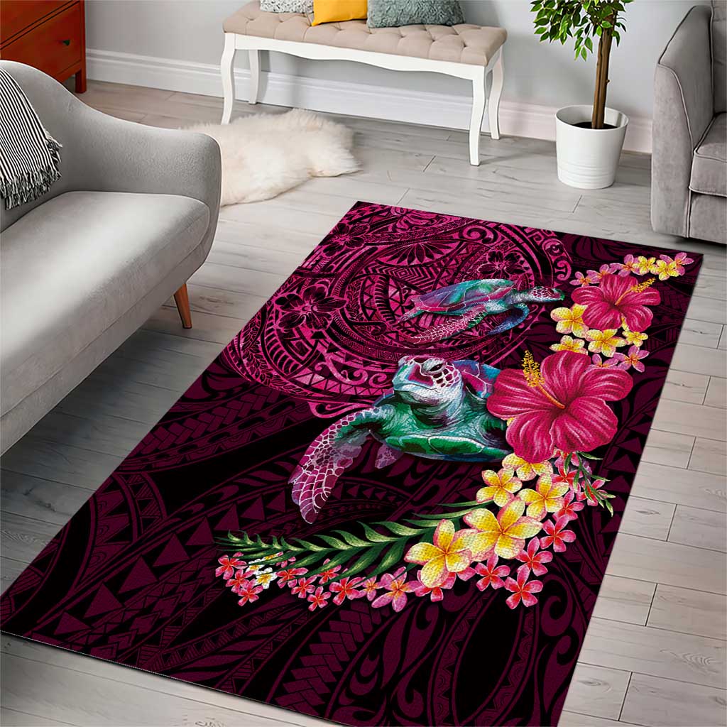Hawaiian Plumeria and Hibiscus with Turtles Area Rug Polynesian Art Red Color - Polynesian Pride