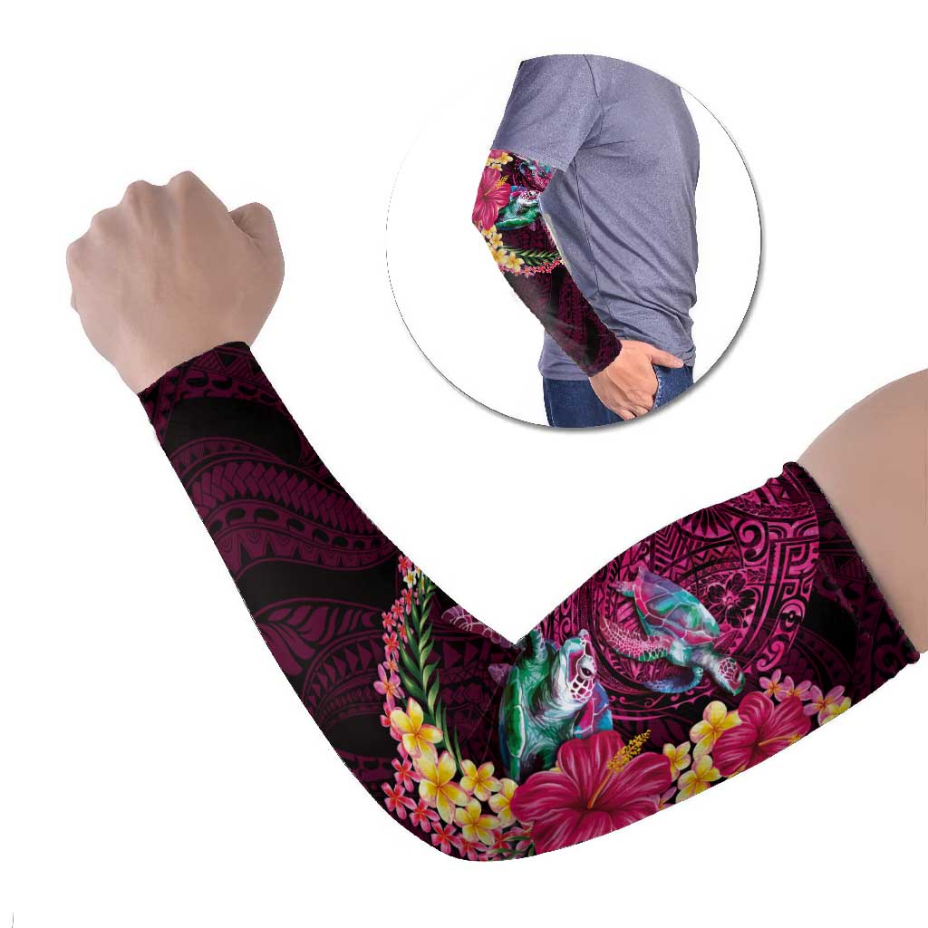Hawaiian Plumeria and Hibiscus with Turtles Arm Sleeves Polynesian Art Red Color LT03 Set of 2 Red - Polynesian Pride