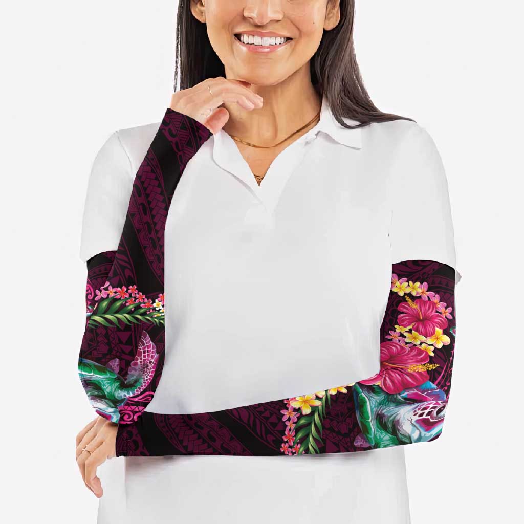 Hawaiian Plumeria and Hibiscus with Turtles Arm Sleeves Polynesian Art Red Color - Polynesian Pride