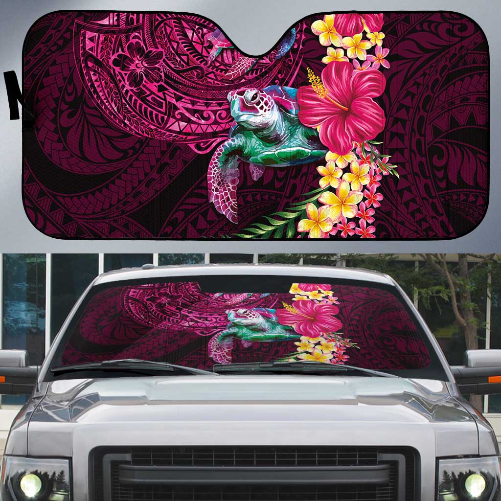 Hawaiian Plumeria and Hibiscus with Turtles Auto Sun Shade Polynesian Art Red Color LT03 Red - Polynesian Pride