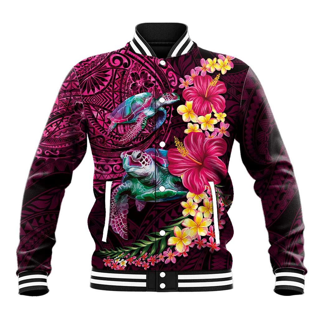 Hawaiian Plumeria and Hibiscus with Turtles Baseball Jacket Polynesian Art Red Color LT03 Unisex Red - Polynesian Pride