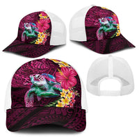 Hawaiian Plumeria and Hibiscus with Turtles Baseball Net Cap Polynesian Art Red Color - Polynesian Pride