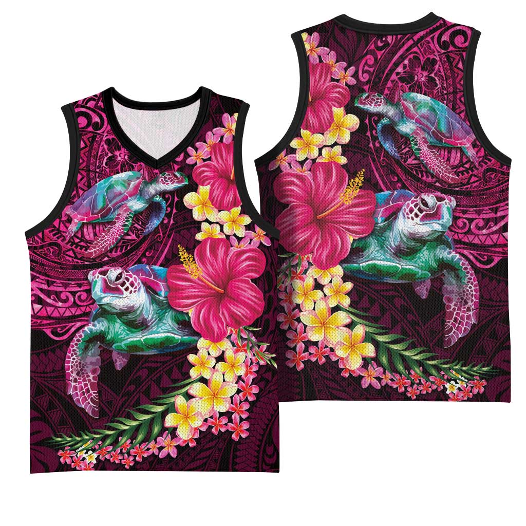 Hawaiian Plumeria and Hibiscus with Turtles Basketball Jersey Polynesian Art Red Color - Polynesian Pride