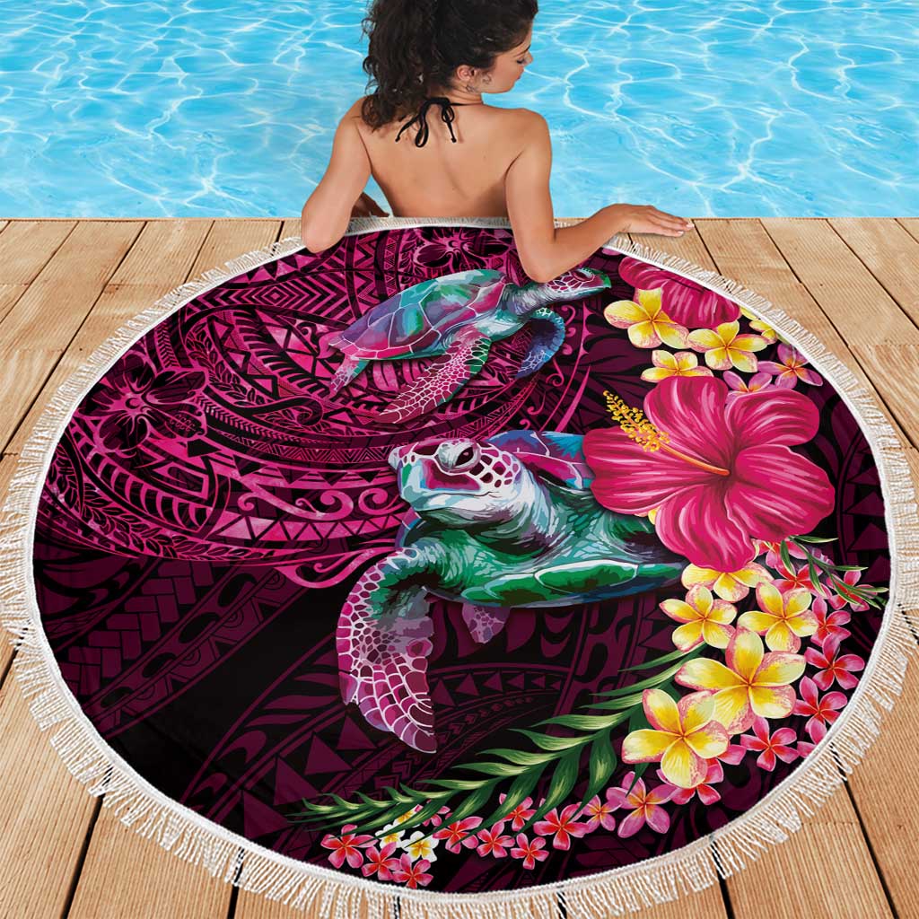 Hawaiian Plumeria and Hibiscus with Turtles Beach Blanket Polynesian Art Red Color - Polynesian Pride