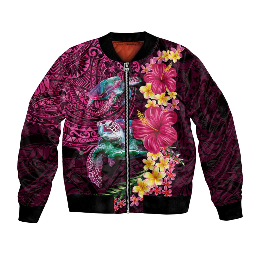 Hawaiian Plumeria and Hibiscus with Turtles Bomber Jacket Polynesian Art Red Color LT03 Unisex Red - Polynesian Pride