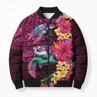 Hawaiian Plumeria and Hibiscus with Turtles Bomber Puffer Jacket Polynesian Art Red Color - Polynesian Pride