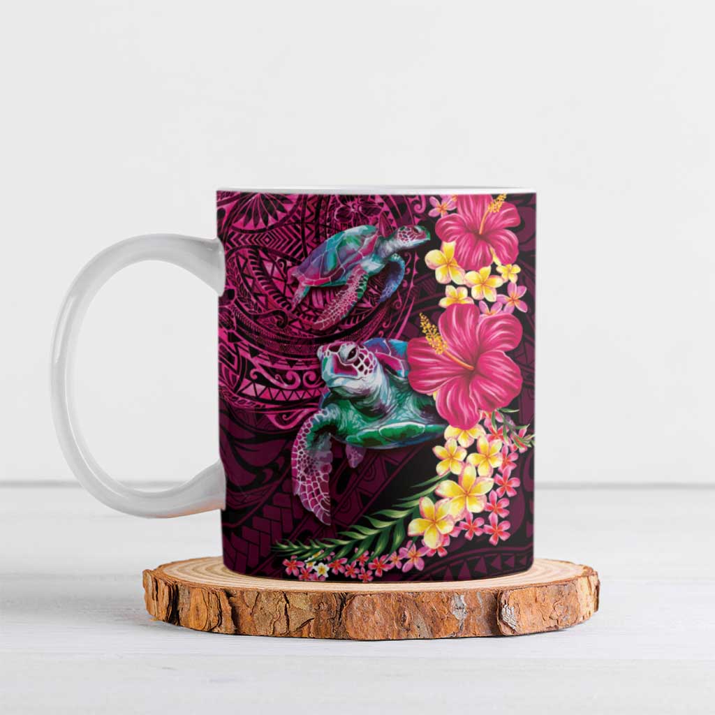 Hawaiian Plumeria and Hibiscus with Turtles Ceramic Mug Polynesian Art Red Color LT03 Red - Polynesian Pride