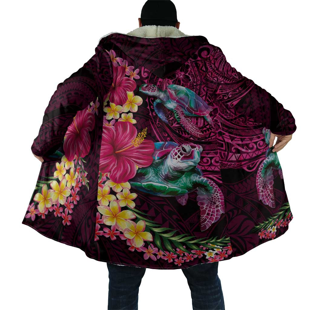 Hawaiian Plumeria and Hibiscus with Turtles Cloak Polynesian Art Red Color - Polynesian Pride