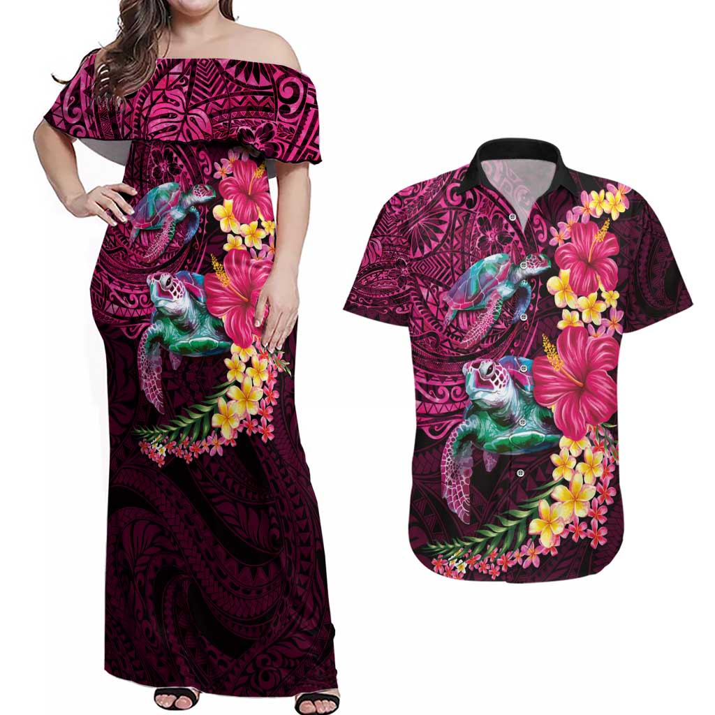 Hawaiian Plumeria and Hibiscus with Turtles Couples Matching Off Shoulder Maxi Dress and Hawaiian Shirt Polynesian Art Red Color - Polynesian Pride