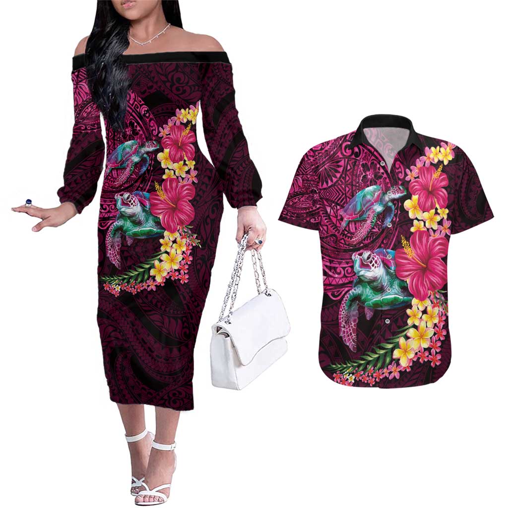Hawaiian Plumeria and Hibiscus with Turtles Couples Matching Off The Shoulder Long Sleeve Dress and Hawaiian Shirt Polynesian Art Red Color - Polynesian Pride