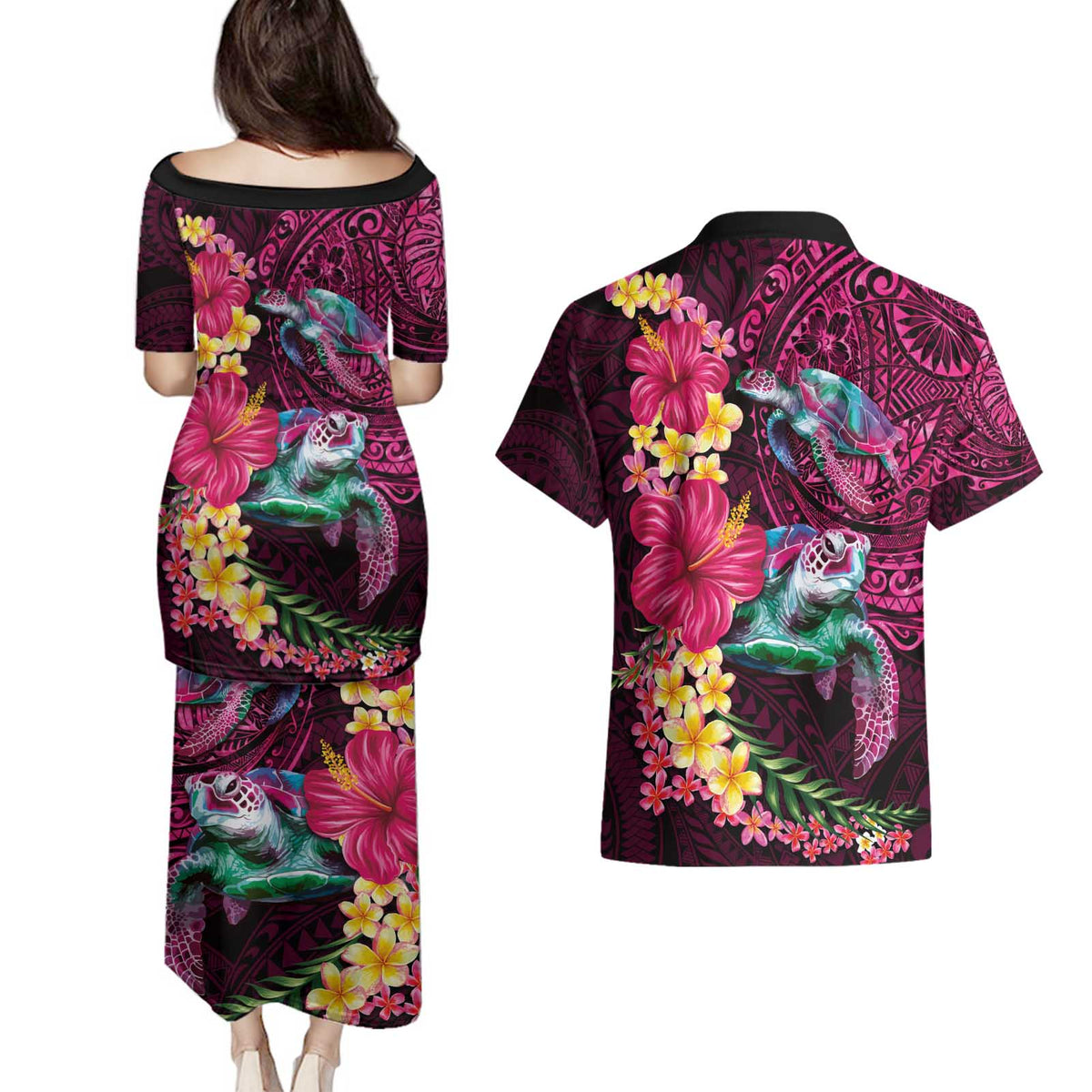 Hawaiian Plumeria and Hibiscus with Turtles Couples Matching Puletasi and Hawaiian Shirt Polynesian Art Red Color - Polynesian Pride