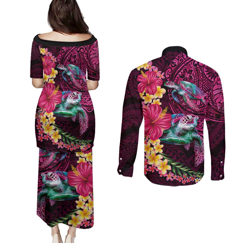 Hawaiian Plumeria and Hibiscus with Turtles Couples Matching Puletasi and Long Sleeve Button Shirt Polynesian Art Red Color - Polynesian Pride