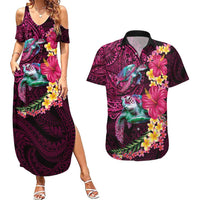 Hawaiian Plumeria and Hibiscus with Turtles Couples Matching Summer Maxi Dress and Hawaiian Shirt Polynesian Art Red Color - Polynesian Pride