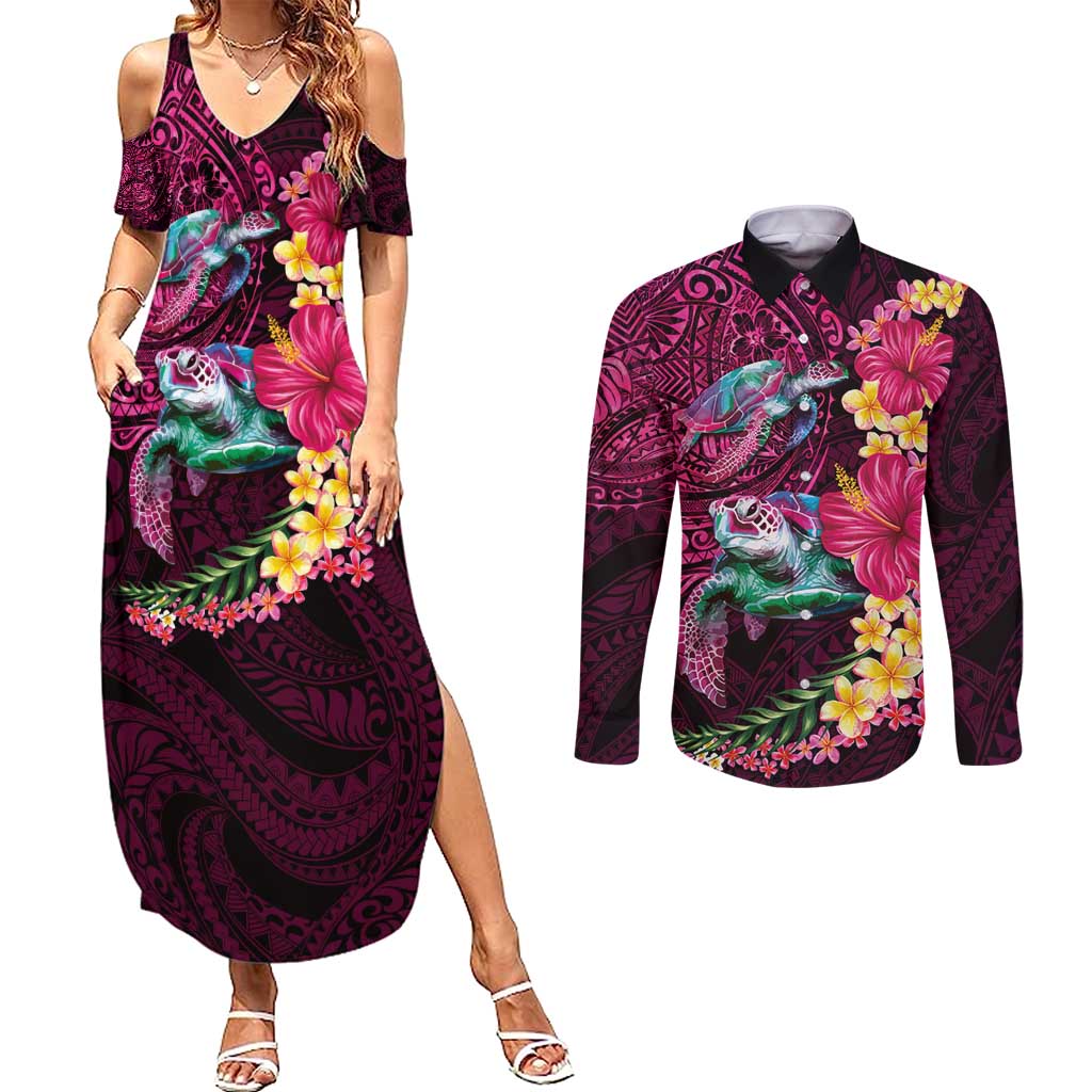 Hawaiian Plumeria and Hibiscus with Turtles Couples Matching Summer Maxi Dress and Long Sleeve Button Shirt Polynesian Art Red Color - Polynesian Pride