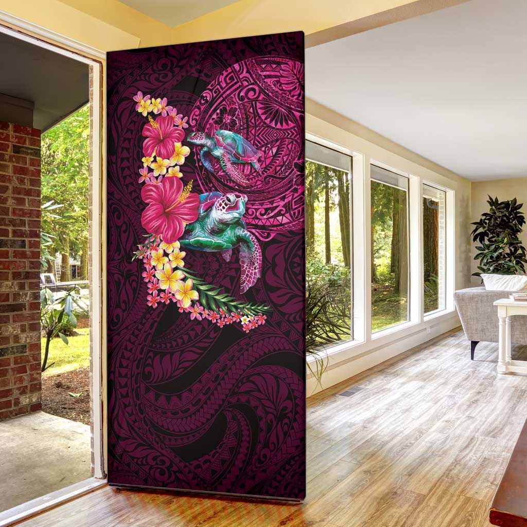 Hawaiian Plumeria and Hibiscus with Turtles Door Cover Polynesian Art Red Color - Polynesian Pride