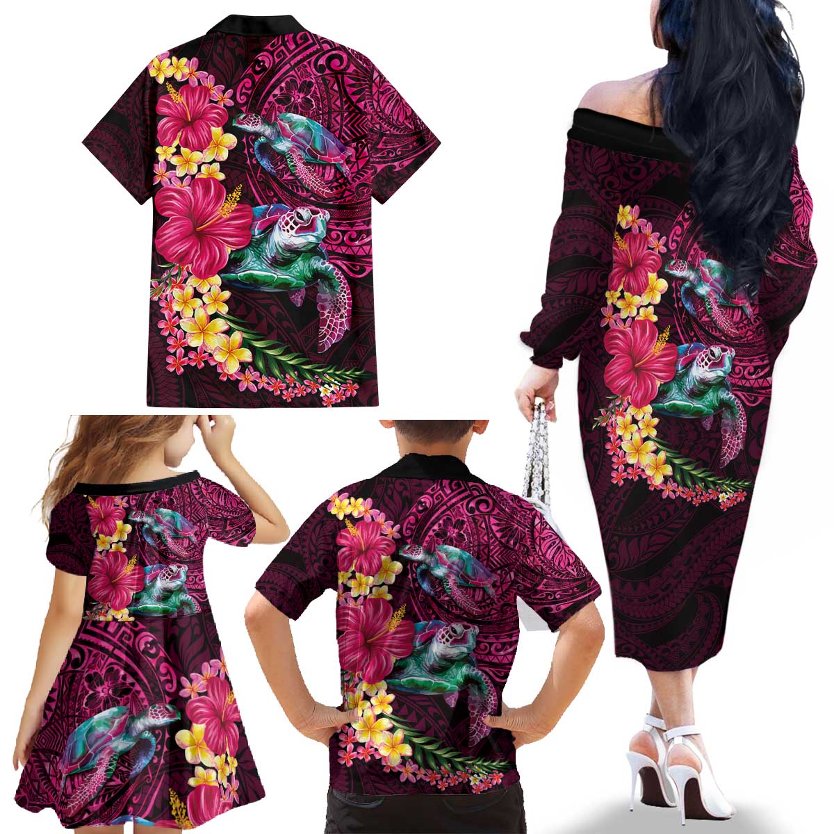 Hawaiian Plumeria and Hibiscus with Turtles Family Matching Off The Shoulder Long Sleeve Dress and Hawaiian Shirt Polynesian Art Red Color - Polynesian Pride