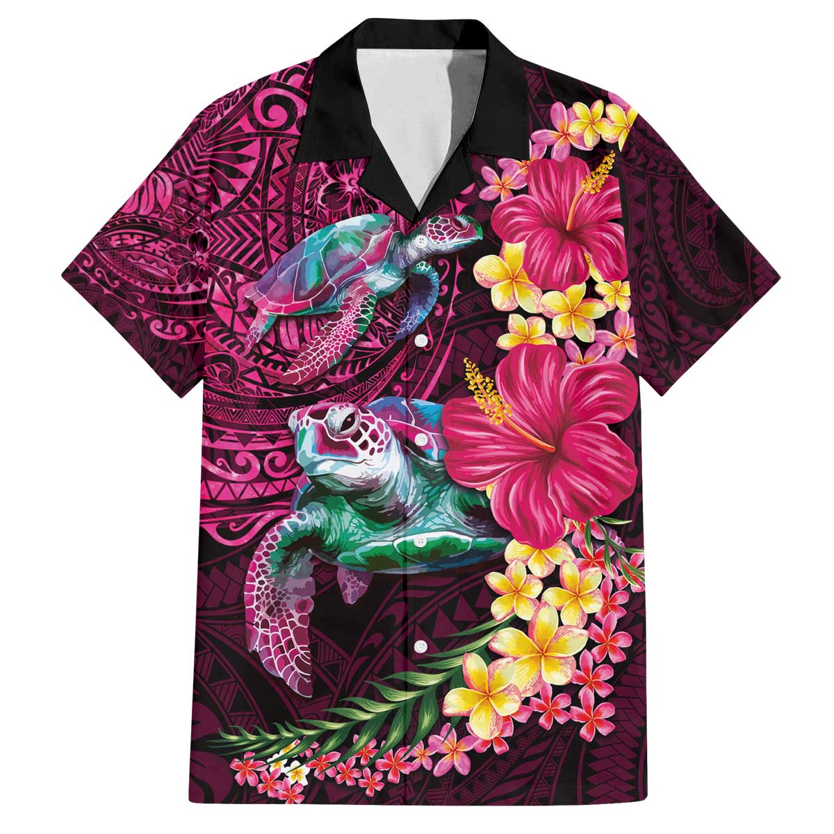 Hawaiian Plumeria and Hibiscus with Turtles Family Matching Off The Shoulder Long Sleeve Dress and Hawaiian Shirt Polynesian Art Red Color - Polynesian Pride