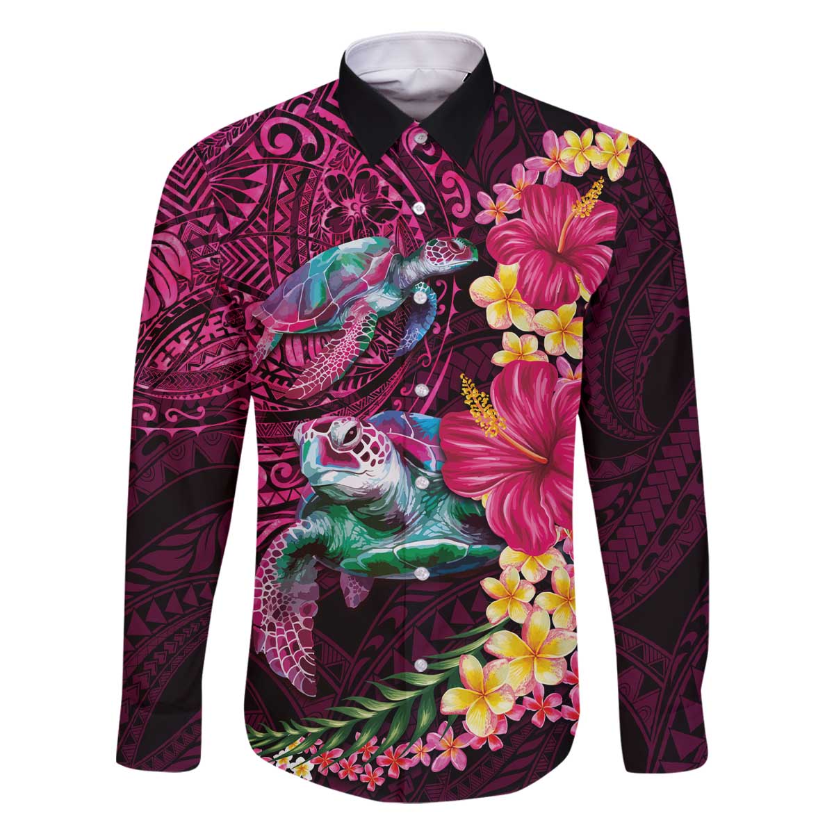 Hawaiian Plumeria and Hibiscus with Turtles Family Matching Off The Shoulder Long Sleeve Dress and Hawaiian Shirt Polynesian Art Red Color - Polynesian Pride