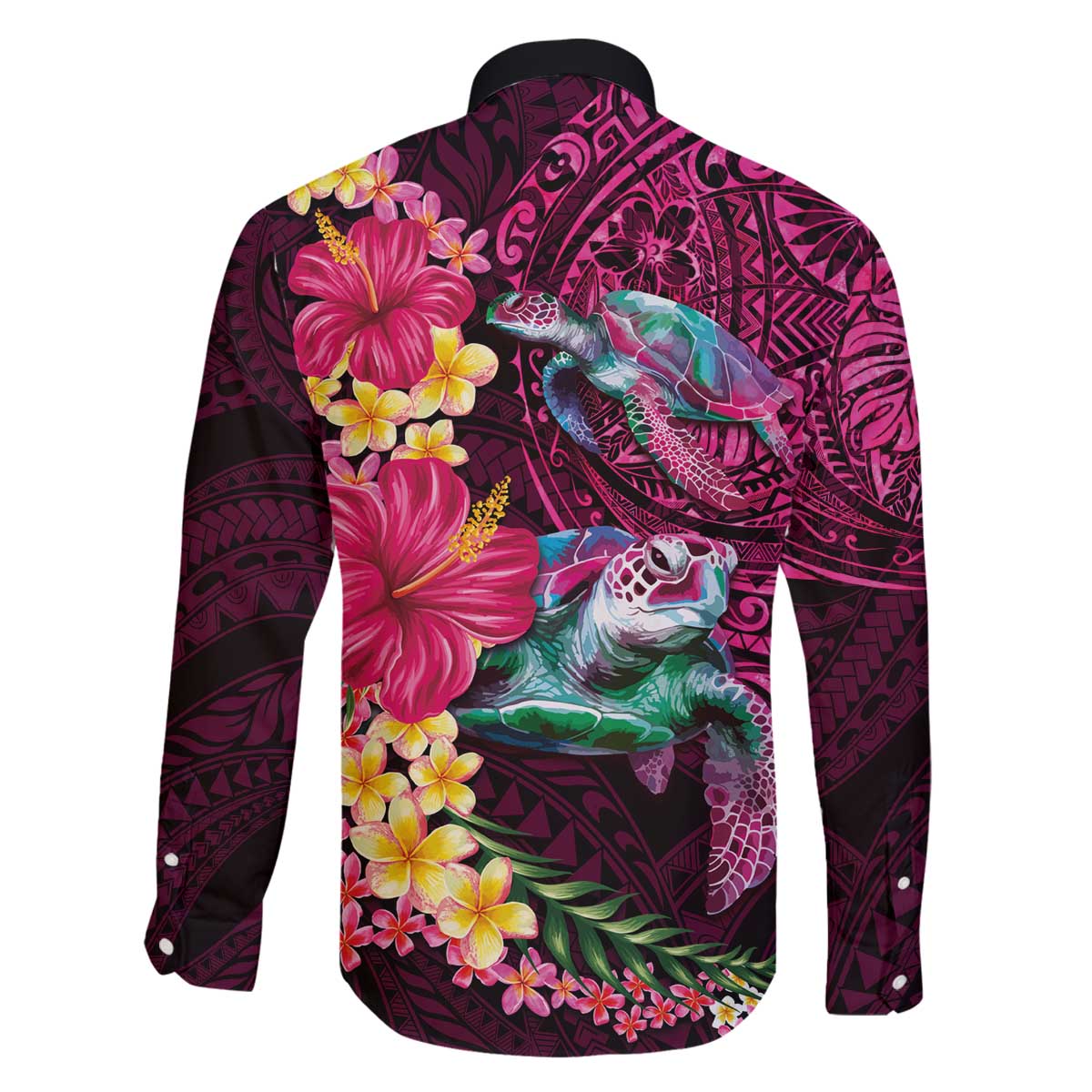 Hawaiian Plumeria and Hibiscus with Turtles Family Matching Off The Shoulder Long Sleeve Dress and Hawaiian Shirt Polynesian Art Red Color - Polynesian Pride