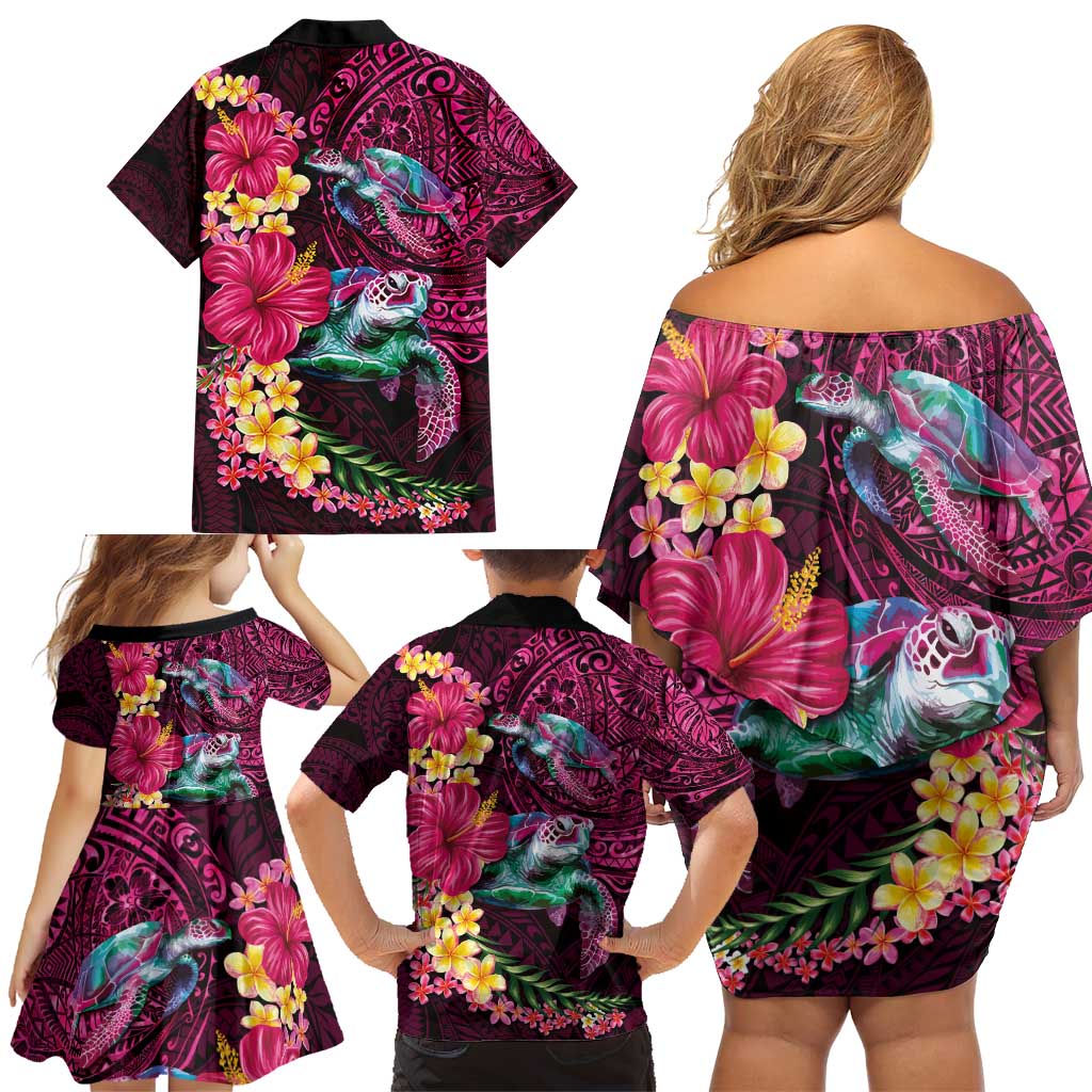 Hawaiian Plumeria and Hibiscus with Turtles Family Matching Off Shoulder Short Dress and Hawaiian Shirt Polynesian Art Red Color - Polynesian Pride