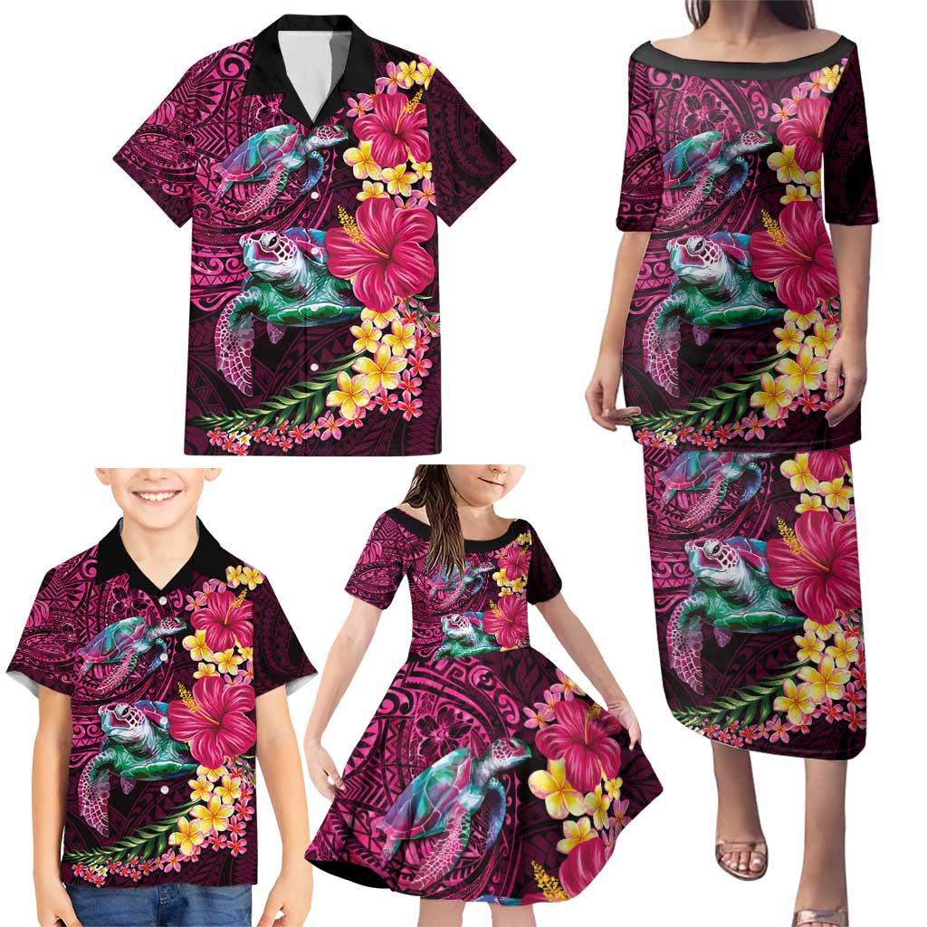 Hawaiian Plumeria and Hibiscus with Turtles Family Matching Puletasi and Hawaiian Shirt Polynesian Art Red Color - Polynesian Pride