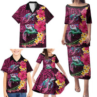 Hawaiian Plumeria and Hibiscus with Turtles Family Matching Puletasi and Hawaiian Shirt Polynesian Art Red Color - Polynesian Pride