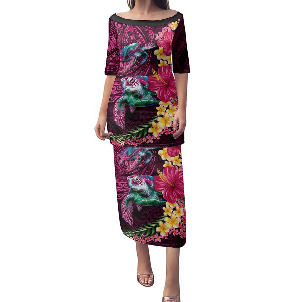 Hawaiian Plumeria and Hibiscus with Turtles Family Matching Puletasi and Hawaiian Shirt Polynesian Art Red Color - Polynesian Pride