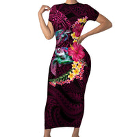 Hawaiian Plumeria and Hibiscus with Turtles Family Matching Short Sleeve Bodycon Dress and Hawaiian Shirt Polynesian Art Red Color - Polynesian Pride